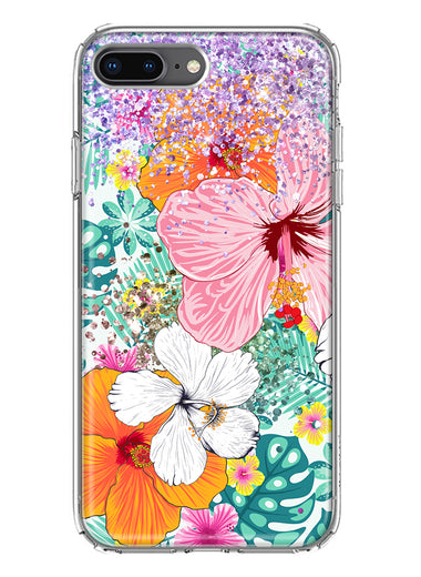 Apple iPhone 8 Plus Hawaiian Vibes Hibiscus Flowers Monstera Vacation Summer Hybrid Protective Phone Case Cover