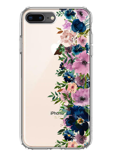 Apple iPhone 8 Plus Navy Blue Summer Watercolor Floral Classic Purple Flowers Hybrid Protective Phone Case Cover