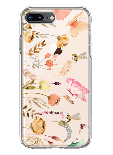Apple iPhone 8 Plus Peach Meadow Wildflowers Butterflies Bees Watercolor Floral Hybrid Protective Phone Case Cover