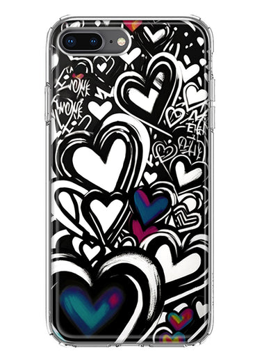 Apple iPhone 8 Plus Black White Hearts Love Graffiti Hybrid Protective Phone Case Cover