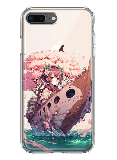Apple iPhone 8 Plus Kawaii Manga Pink Cherry Blossom Japanese Girl Boat Hybrid Protective Phone Case Cover