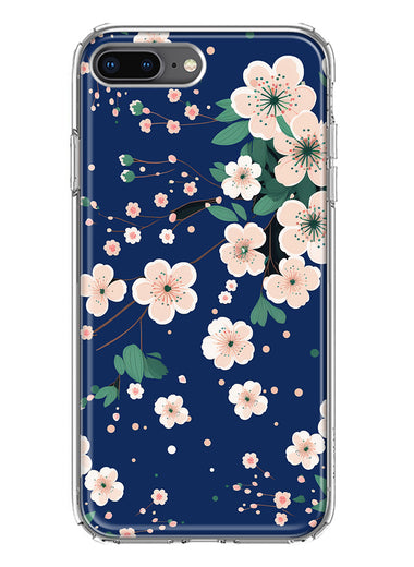 Apple iPhone 8 Plus Kawaii Japanese Pink Cherry Blossom Navy Blue Hybrid Protective Phone Case Cover