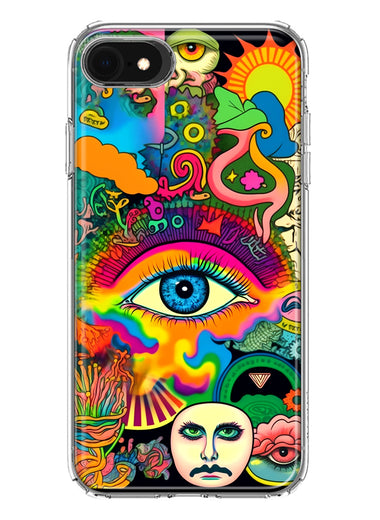 Apple iPhone SE 2nd 3rd Generation Neon Rainbow Psychedelic Trippy Hippie Multiple Eyes Hybrid Protective Phone Case Cover
