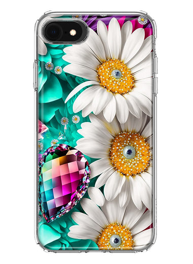 Apple iPhone 6/7/8/SE 2020/SE 3 2022 Colorful Crystal White Daisies Rainbow Gems Teal Double Layer Phone Case Cover
