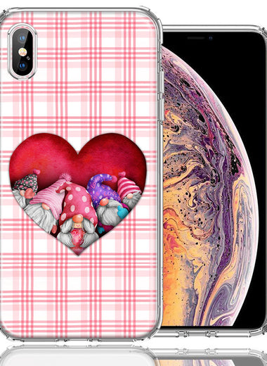 Apple iPhone XS/X Valentine's Day Garden Gnomes Heart Love Pink Plaid Double Layer Phone Case Cover