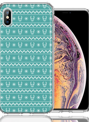 Apple iPhone XS/X Teal Christmas Reindeer Pattern Design Double Layer Phone Case Cover