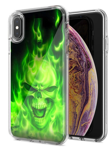 Apple iPhone XR Green Flaming Skull Design Double Layer Phone Case Cover
