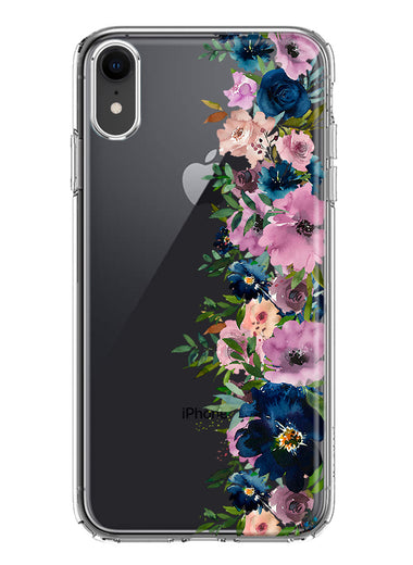 Apple iPhone XR Navy Blue Summer Watercolor Floral Classic Purple Flowers Hybrid Protective Phone Case Cover