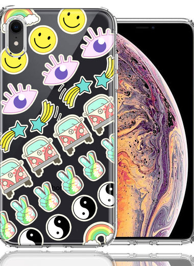Apple iPhone XR 70's Yin Yang Hippie Happy Peace Stars Design Double Layer Phone Case Cover