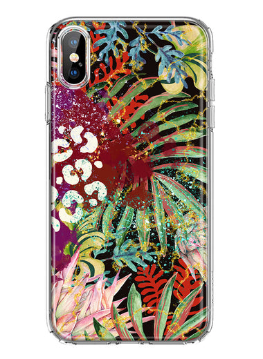Apple iPhone XS Leopard Tropical Flowers Vacation Dreams Hibiscus Floral Hybrid Protective Phone Case Cover
