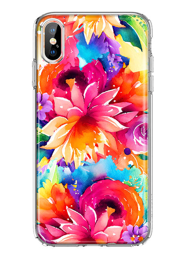 Apple iPhone XS Watercolor Paint Summer Rainbow Flowers Bouquet Bloom Floral Hybrid Protective Phone Case Cover