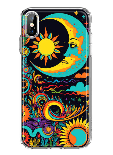 Apple iPhone XS/X Neon Rainbow Psychedelic Indie Hippie Indie Moon Hybrid Protective Phone Case Cover