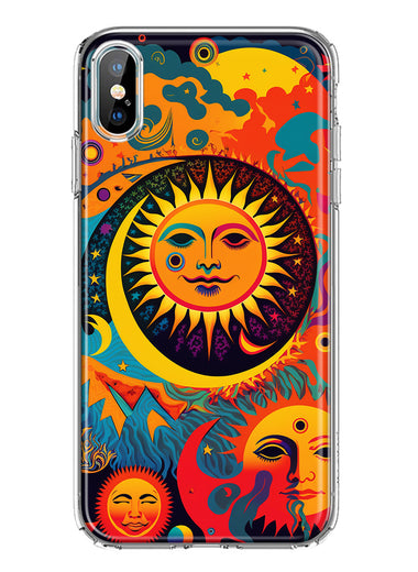 Apple iPhone XS/X Neon Rainbow Psychedelic Indie Hippie Sun Moon Hybrid Protective Phone Case Cover