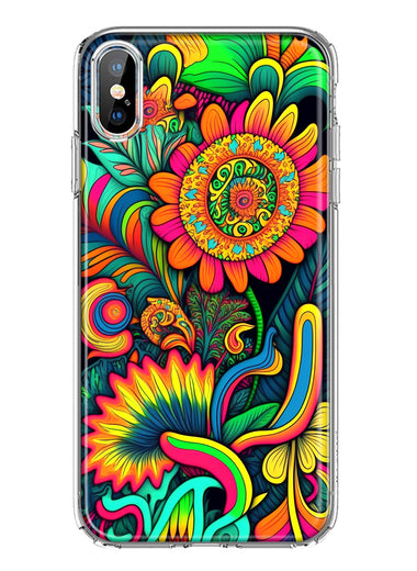 Apple iPhone XS/X Neon Rainbow Psychedelic Indie Hippie Sunflowers Hybrid Protective Phone Case Cover