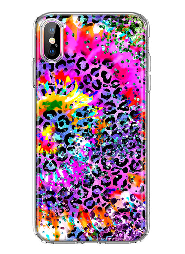 Apple iPhone XS Vibrant Pink Purple Tie Dye Summer Leopard Swirl Rainbow Hybrid Protective Phone Case Cover
