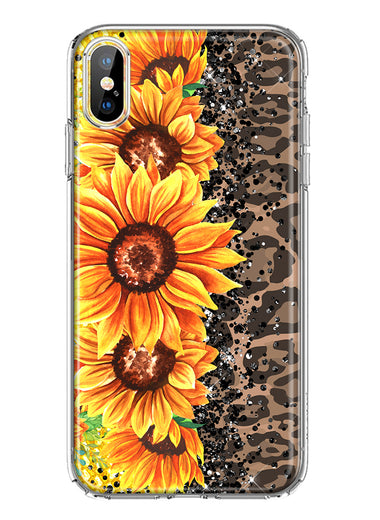 Apple iPhone XS Yellow Summer Sunflowers Brown Leopard Honeycomb Hybrid Protective Phone Case Cover