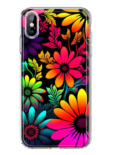 Apple iPhone XS/X Neon Rainbow Glow Colorful Abstract Flowers Floral Hybrid Protective Phone Case Cover