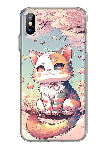 Apple iPhone XS Kawaii Manga Pink Cherry Blossom Cute Cat Hybrid Protective Phone Case Cover