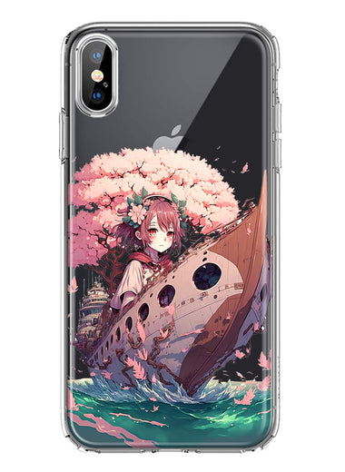 Apple iPhone XS Kawaii Manga Pink Cherry Blossom Japanese Girl Boat Hybrid Protective Phone Case Cover