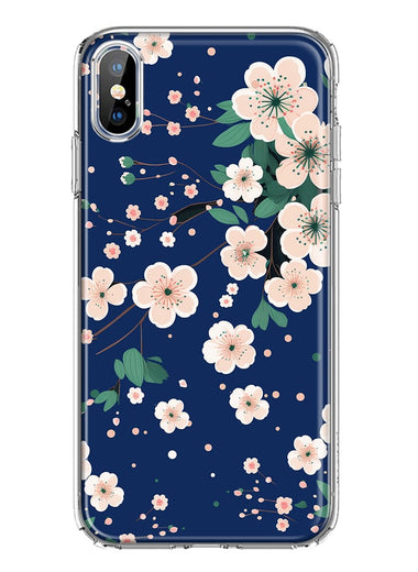 Apple iPhone XS Kawaii Japanese Pink Cherry Blossom Navy Blue Hybrid Protective Phone Case Cover