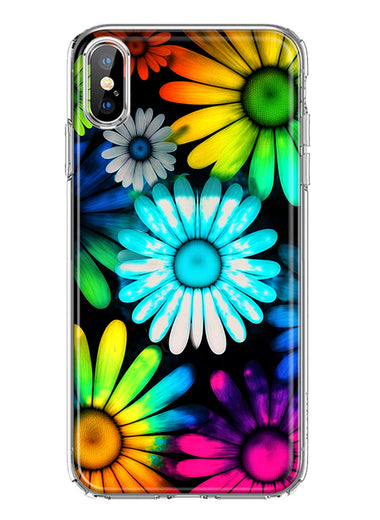 Apple iPhone XS Max Neon Rainbow Daisy Glow Colorful Daisies Baby Blue Pink Yellow White Double Layer Phone Case Cover