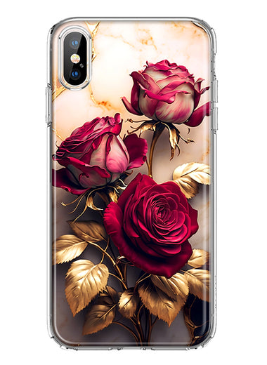 Apple iPhone XS Max Romantic Elegant Gold Marble Red Roses Double Layer Phone Case Cover