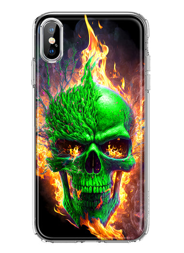 Apple iPhone XS/X Green Flaming Skull Burning Fire Double Layer Phone Case Cover