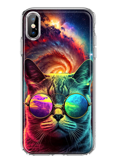 Apple iPhone XS/X Neon Rainbow Galaxy Cat Hybrid Protective Phone Case Cover