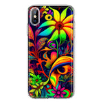 Apple iPhone XS Neon Rainbow Psychedelic Trippy Hippie Daisy Flowers Hybrid Protective Phone Case Cover