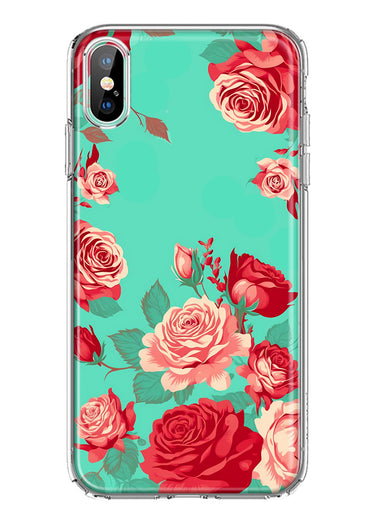 Apple iPhone XS/X Turquoise Teal Vintage Pastel Pink Red Roses Double Layer Phone Case Cover