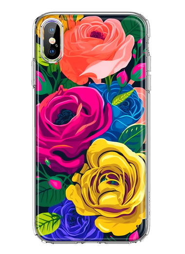 Apple iPhone XS/X Vintage Pastel Abstract Colorful Pink Yellow Blue Roses Double Layer Phone Case Cover