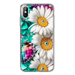 Apple iPhone XS Max Colorful Crystal White Daisies Rainbow Gems Teal Double Layer Phone Case Cover