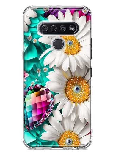 LG K51 Colorful Crystal White Daisies Rainbow Gems Teal Double Layer Phone Case Cover