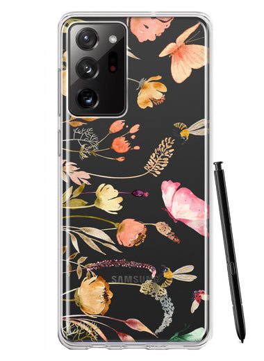 Samsung Galaxy Note 20 Ultra Peach Meadow Wildflowers Butterflies Bees Watercolor Floral Hybrid Protective Phone Case Cover