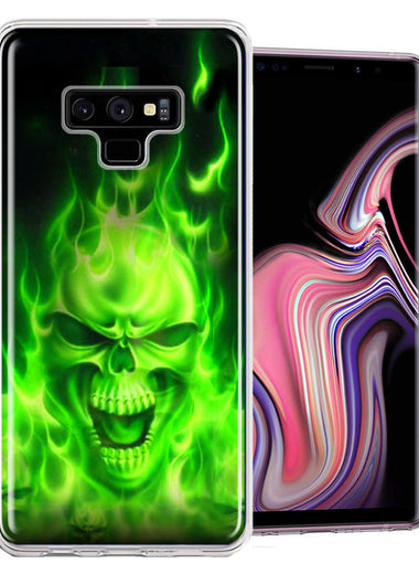 Samsung Galaxy Note 9 Green Flaming Skull Design Double Layer Phone Case Cover