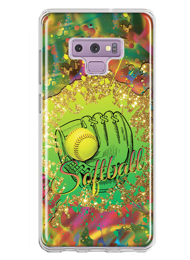 Samsung Galaxy Note 9 Love Softball Girls Glove Green Tie Dye Swirl Paint Hybrid Protective Phone Case Cover