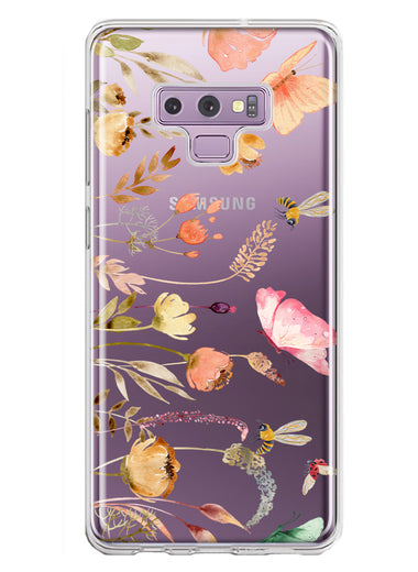 Samsung Galaxy Note 9 Peach Meadow Wildflowers Butterflies Bees Watercolor Floral Hybrid Protective Phone Case Cover