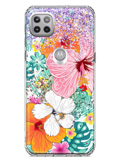 Motorola Moto One 5G Hawaiian Vibes Hibiscus Flowers Monstera Vacation Summer Hybrid Protective Phone Case Cover