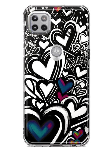 Motorola Moto One 5G Black White Hearts Love Graffiti Hybrid Protective Phone Case Cover