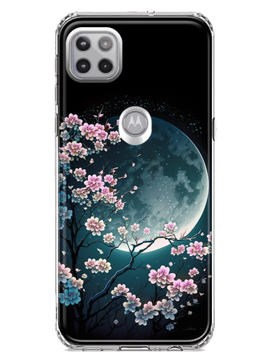 Motorola Moto One 5G Kawaii Manga Pink Cherry Blossom Full Moon Hybrid Protective Phone Case Cover