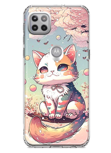 Motorola Moto One 5G Kawaii Manga Pink Cherry Blossom Cute Cat Hybrid Protective Phone Case Cover