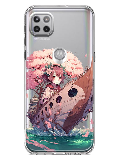 Motorola Moto One 5G Kawaii Manga Pink Cherry Blossom Japanese Girl Boat Hybrid Protective Phone Case Cover