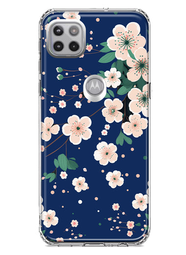 Motorola Moto One 5G Kawaii Japanese Pink Cherry Blossom Navy Blue Hybrid Protective Phone Case Cover