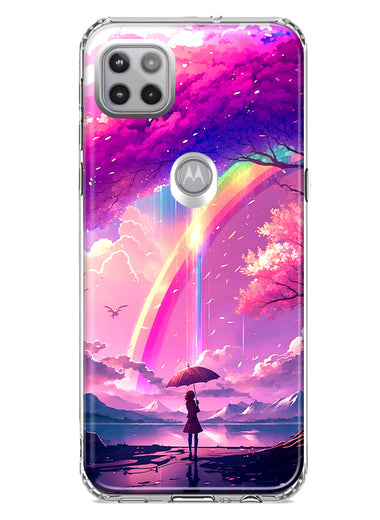 Motorola Moto One 5G Kawaii Manga Pink Cherry Blossom Japanese Rainbow Girl Hybrid Protective Phone Case Cover