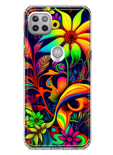 Motorola Moto One 5G Neon Rainbow Psychedelic Trippy Hippie Daisy Flowers Hybrid Protective Phone Case Cover