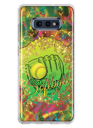 Samsung Galaxy S10e Love Softball Girls Glove Green Tie Dye Swirl Paint Hybrid Protective Phone Case Cover
