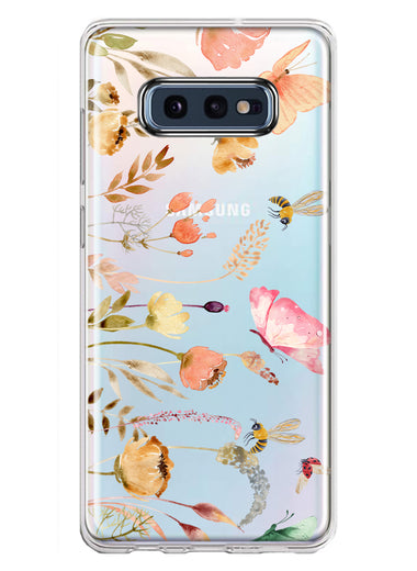 Samsung Galaxy S10e Peach Meadow Wildflowers Butterflies Bees Watercolor Floral Hybrid Protective Phone Case Cover