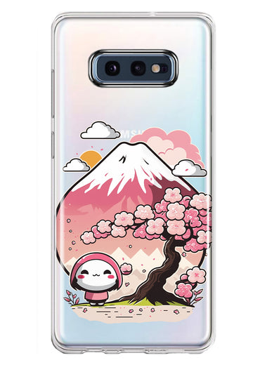 Samsung Galaxy S10e Kawaii Manga Pink Cherry Blossom Fuji Mountain Mochi Girl Hybrid Protective Phone Case Cover