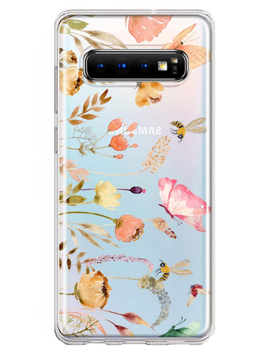 Samsung Galaxy S10 Plus Peach Meadow Wildflowers Butterflies Bees Watercolor Floral Hybrid Protective Phone Case Cover