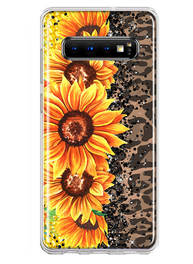 Samsung Galaxy S10 Yellow Summer Sunflowers Brown Leopard Honeycomb Hybrid Protective Phone Case Cover
